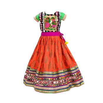 Orange embroidered cotton stitched lehenga 4