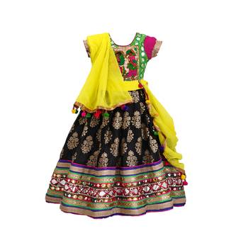 Black embroidered cotton stitched lehenga with  multi colour foil work 1