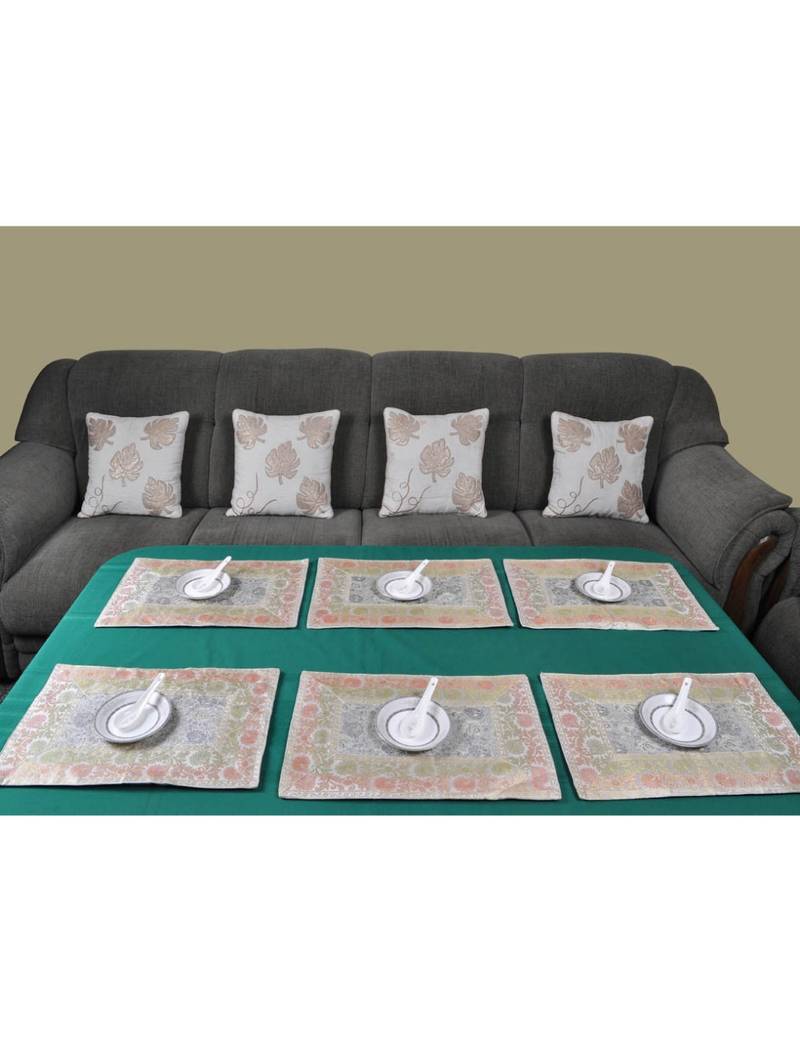 Lal Haveli Golden Work Dining Table Mat Set of 6 silk Placemats Set