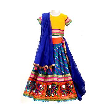 Blue embroidered multicoloured  cotton stitched lehenga 1