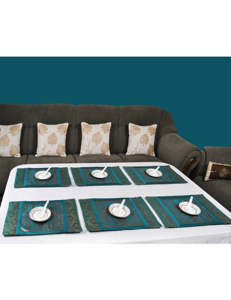 Lal Haveli Golden Work Dining Table Mat Set of 6 silk Placemats Set for Dining Table 18 X 12