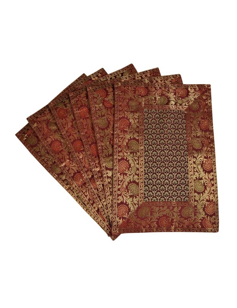 Lal Haveli Handmade Decorative Table Mats Set of 6 Silver Banarsi silk