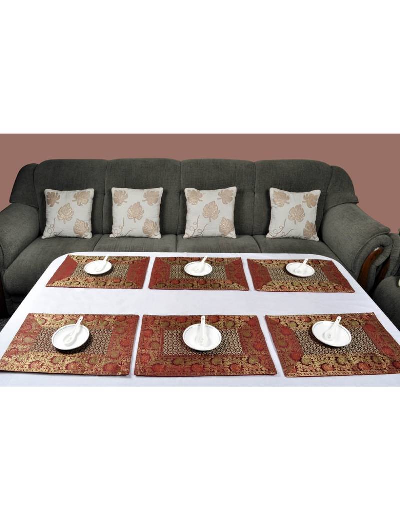 Lal Haveli Handmade Decorative Table Mats Set of 6 Silver Banarsi silk