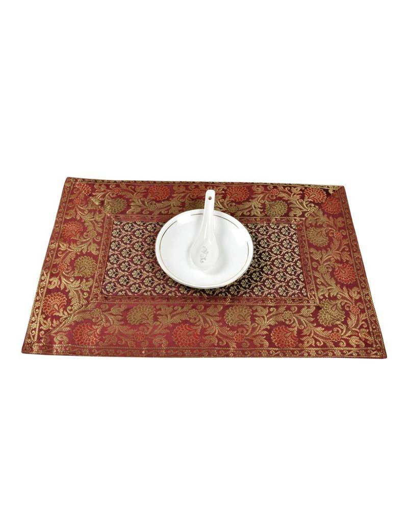 Lal Haveli Handmade Decorative Table Mats Set of 6 Silver Banarsi silk