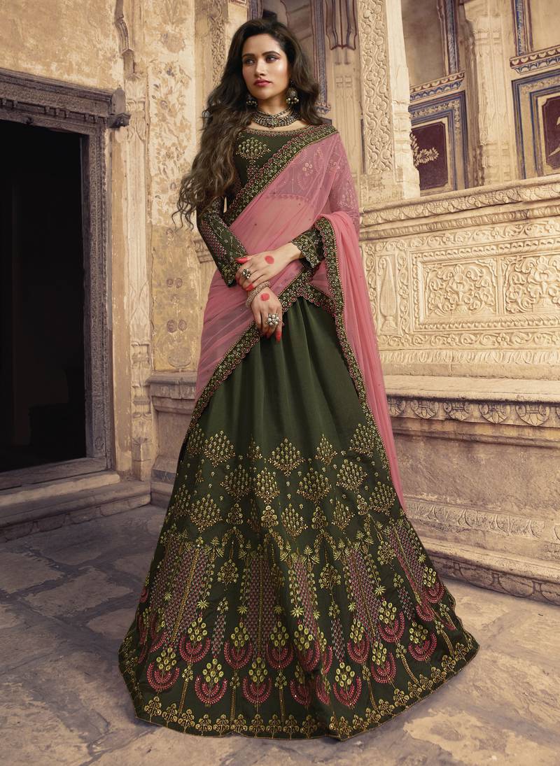 Palm Green Lehenga style Suit Semi-Stitch main image 1