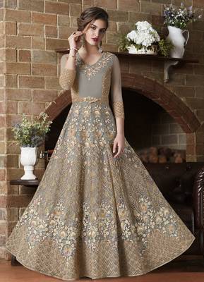 Grey embroidered net anarkali with dupatta 1