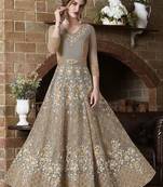 Grey embroidered net anarkali with dupatta