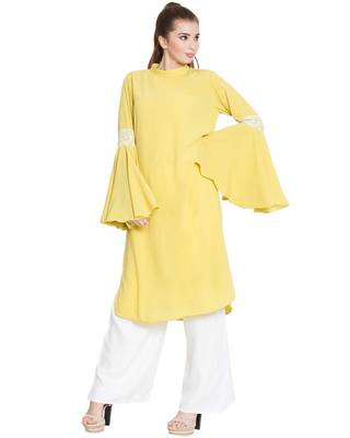 Aaima-Bell Sleeves Kurti With Lace Detailing-Lemon-Yellow 1