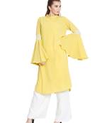 Aaima-Bell Sleeves Kurti With Lace Detailing-Lemon-Yellow