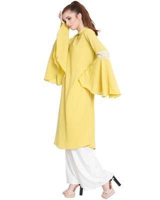 Aaima-Bell Sleeves Kurti With Lace Detailing-Lemon-Yellow 4