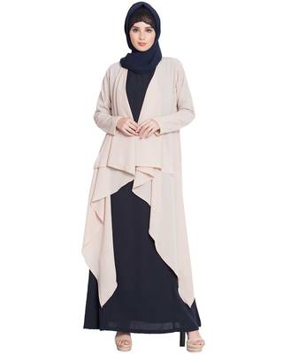 Full Sleeves Shrug And Abaya Combo-Light Beige-Navy Blue 2