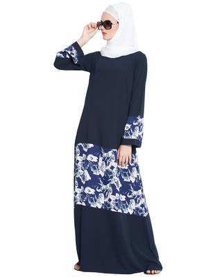 Adina-Flowrel Patched Abaya-Blue-White-Nida Matt & American Crepe 1