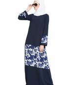 Adina-Flowrel Patched Abaya-Blue-White-Nida Matt & American Crepe
