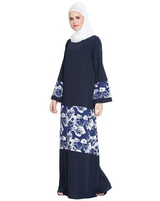 Adina-Flowrel Patched Abaya-Blue-White-Nida Matt & American Crepe 2