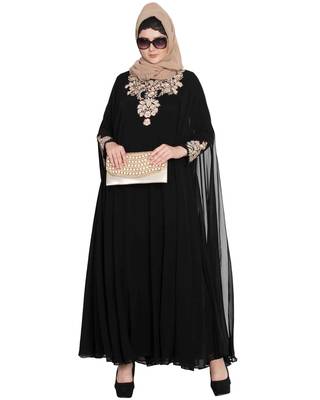 Azza-Two Pieces Set-Designer Abaya With Embroidery On Sleeves And Yoke. 1