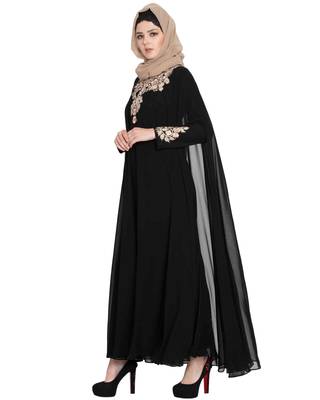 Azza-Two Pieces Set-Designer Abaya With Embroidery On Sleeves And Yoke. 4