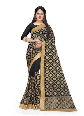 Black embroidered georgette saree with blouse 1