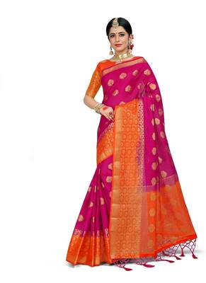 Rani pink woven linen saree with blouse 1