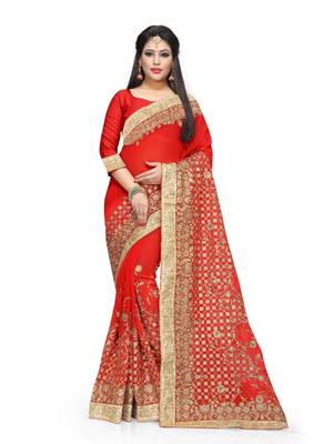 Red embroidered georgette saree with blouse 1