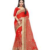 Red embroidered georgette saree with blouse