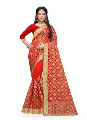 Red  embroidered georgette saree with blouse 1