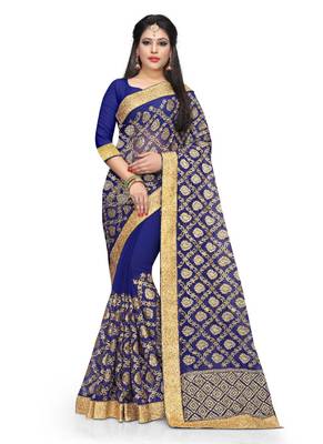 Royal blue embroidered georgette saree with blouse 1