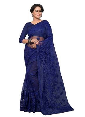 Royal blue embroidered net saree with blouse 1