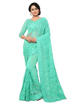 Sea green embroidered net saree with blouse 1