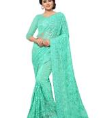 Sea green embroidered net saree with blouse