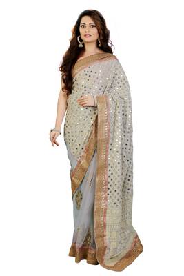 Light blue Embroidered and Mirror work Georgette Saree with unstitch Blouse 1