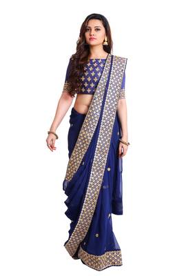 Navy Georgette Embroidered saree with unstitch blouse 1
