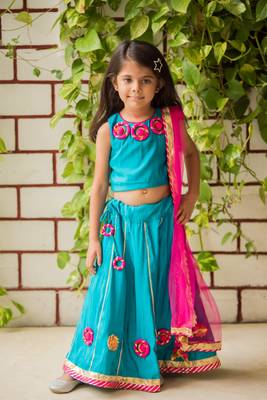 Teal Embroidered Art Silk Stitched Lehenga 1