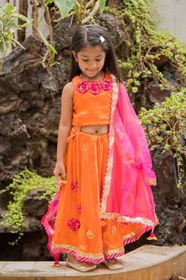 Orange Embroidered Art Silk Stitched Lehenga 1