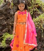 Orange Embroidered Art Silk Stitched Lehenga