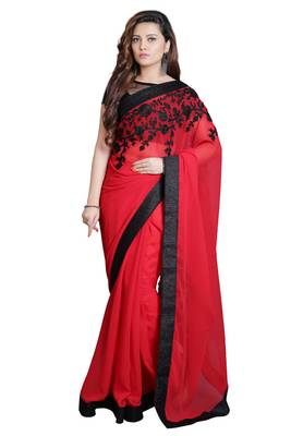 Red embroidered georgette saree with blouse 1
