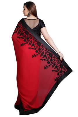 Red embroidered georgette saree with blouse 3