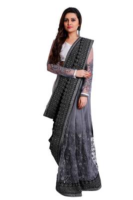Black and silver designer embroidered party wear saree with unstitch blouse 1