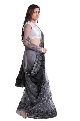 Black and silver designer embroidered party wear saree with unstitch blouse 2