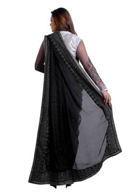 Black and silver designer embroidered party wear saree with unstitch blouse 3