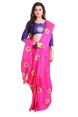 Pink paper silk embroidered saree with unstitched blouse 1