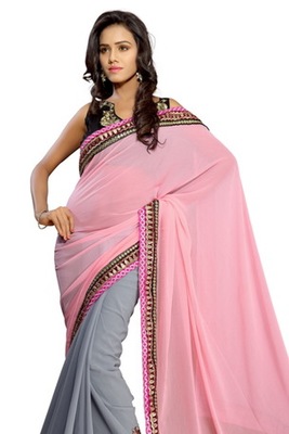 pink saree with grey blouse