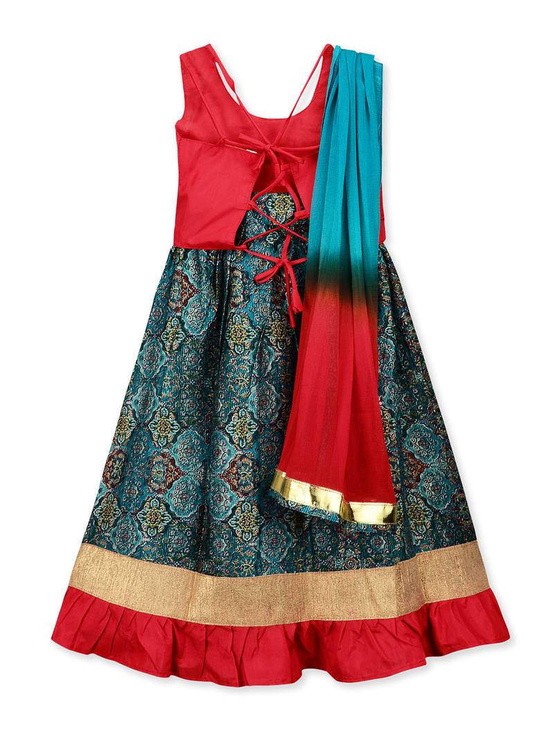 Red printed dupion silk stitched lehenga