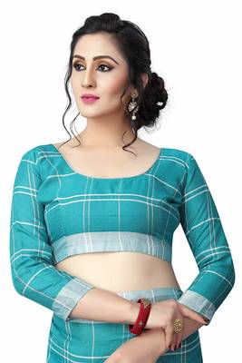 Blue printed cotton saree with blouse 3
