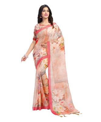 Peach bengal handloom linen saree with blouse 1