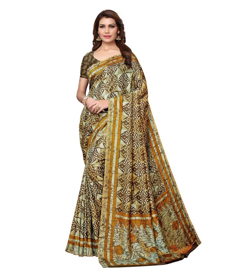 Olive Green floral print Art Silk saree with blouse