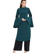 Aaima-Bell Sleeves Kurti With Lace Detailing-Dark Green