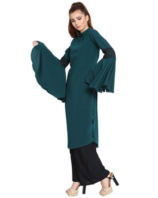 Aaima-Bell Sleeves Kurti With Lace Detailing-Dark Green 2
