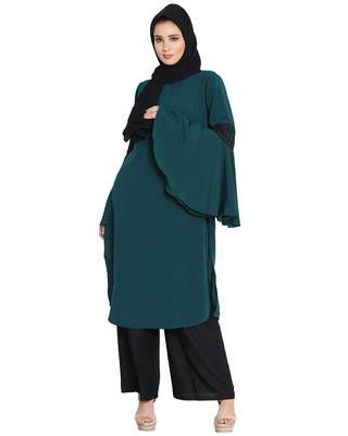 Aaima-Bell Sleeves Kurti With Lace Detailing-Dark Green 3