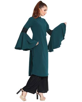 Aaima-Bell Sleeves Kurti With Lace Detailing-Dark Green 4