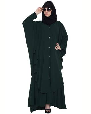Designer Abaya With Falling Panels And Frilled Bottom- Green 1